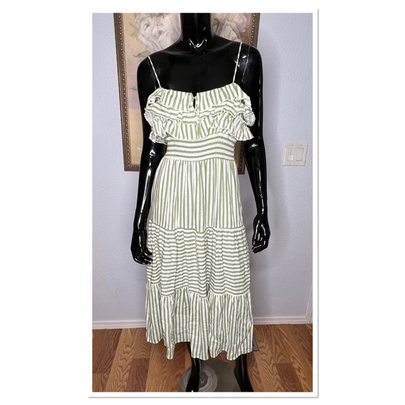 ZARA Striped Frill Ruffle Midi Viscose & Linen Sundress Sz S Green & White NWT - Picture 3 of 8